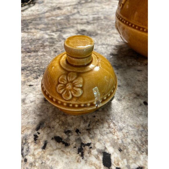 Vintage Japanese Ceramic Teapot Brown Glaze Floral Peach Design Wire Handle - Picture 5 of 11